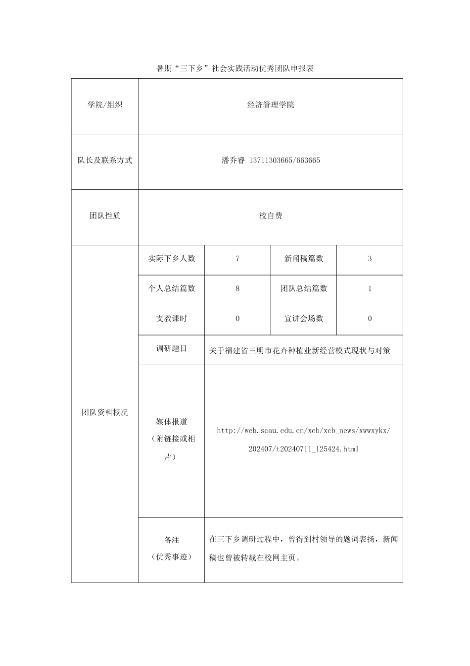 《2024年暑期“三下乡”社会实践活动优秀团队申报表》花非花队_第1页