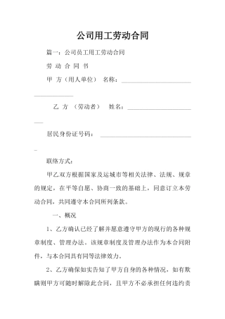 公司用工劳动合同(DOC60页)