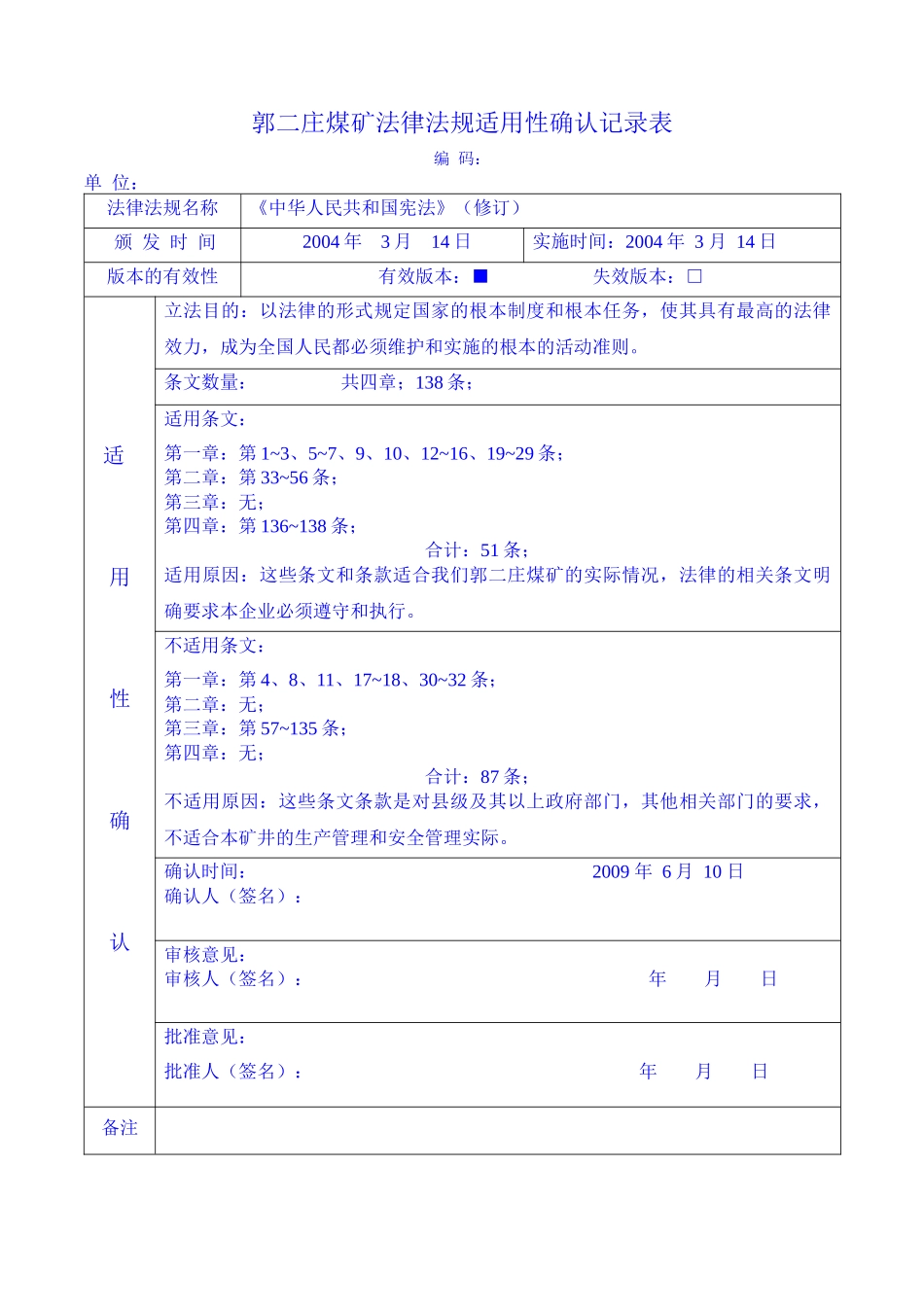 单位法律法规适用确认表(第2稿)_第1页