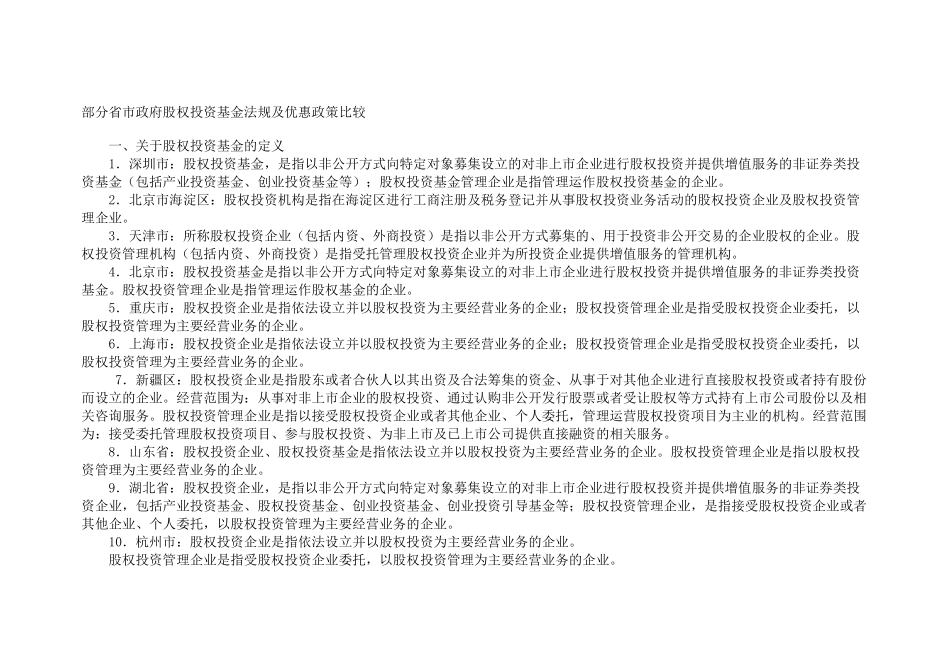 十省市政府股权投资基金法规及优惠政策比较_第1页