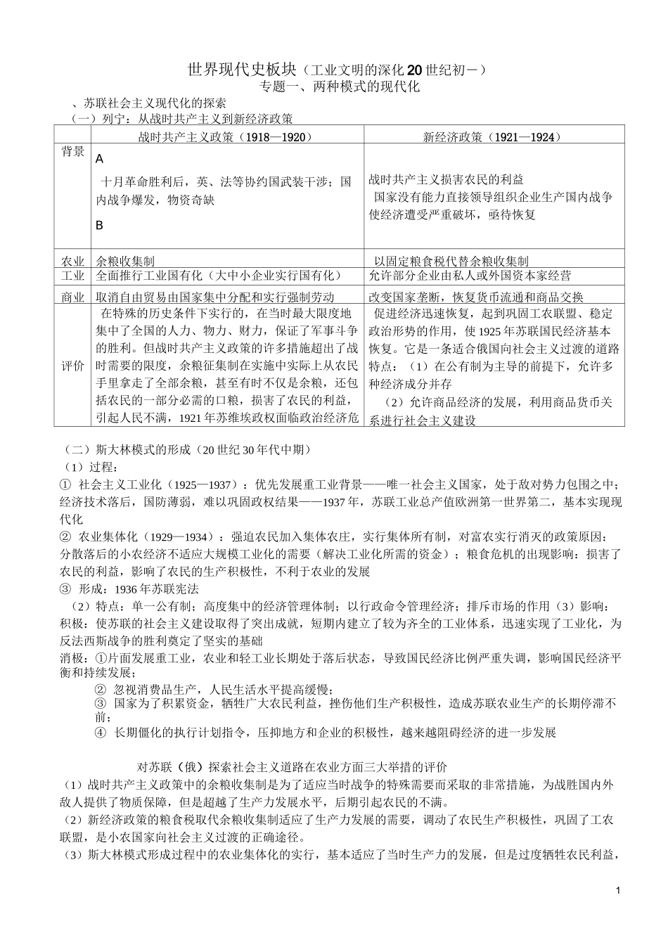 高考历史世界现代史板块知识清单_第1页