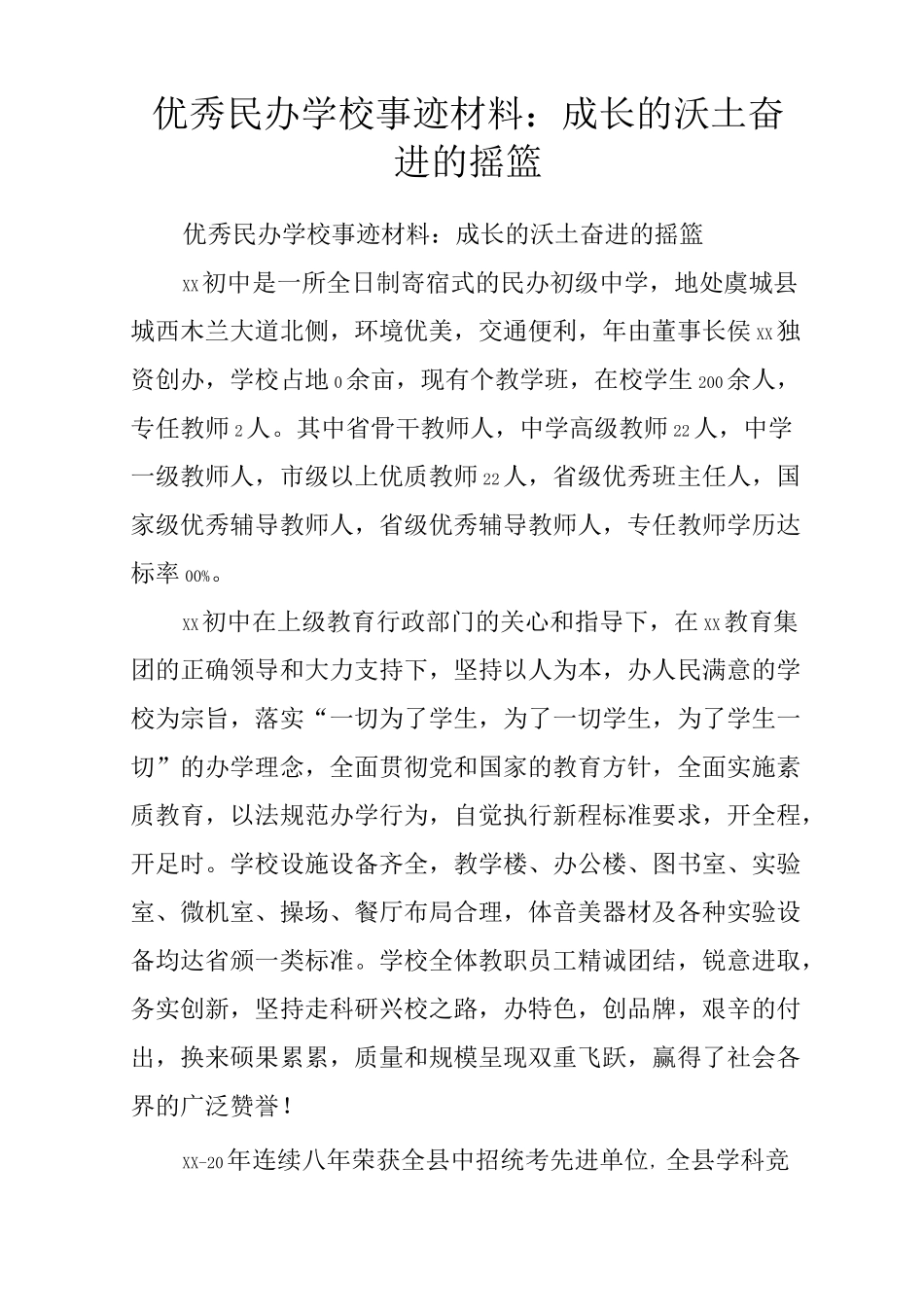 优秀民办学校事迹材料：成长的沃土 奋进的摇篮_第1页