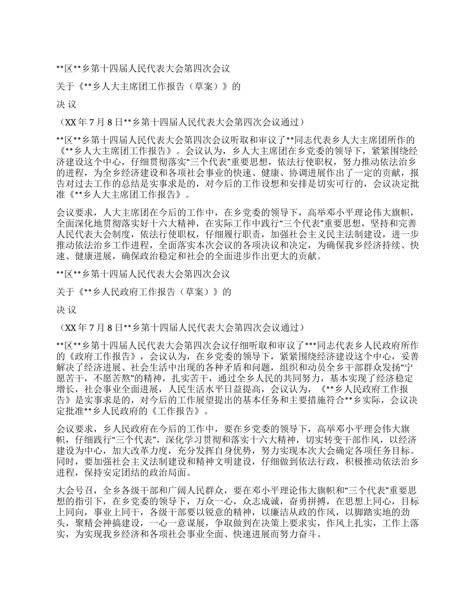 《乡人大主席团工作报告》的决议_第1页