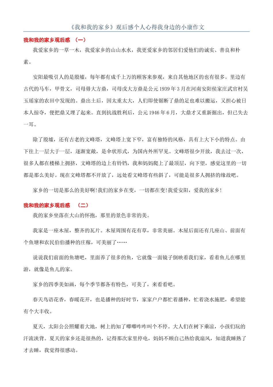 《我和我的家乡》观后感个人心得我身边的小康作文_第1页