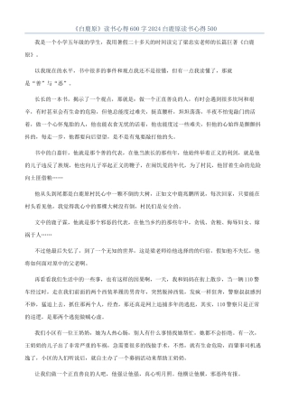 《白鹿原》读书心得600字2024白鹿原读书心得500