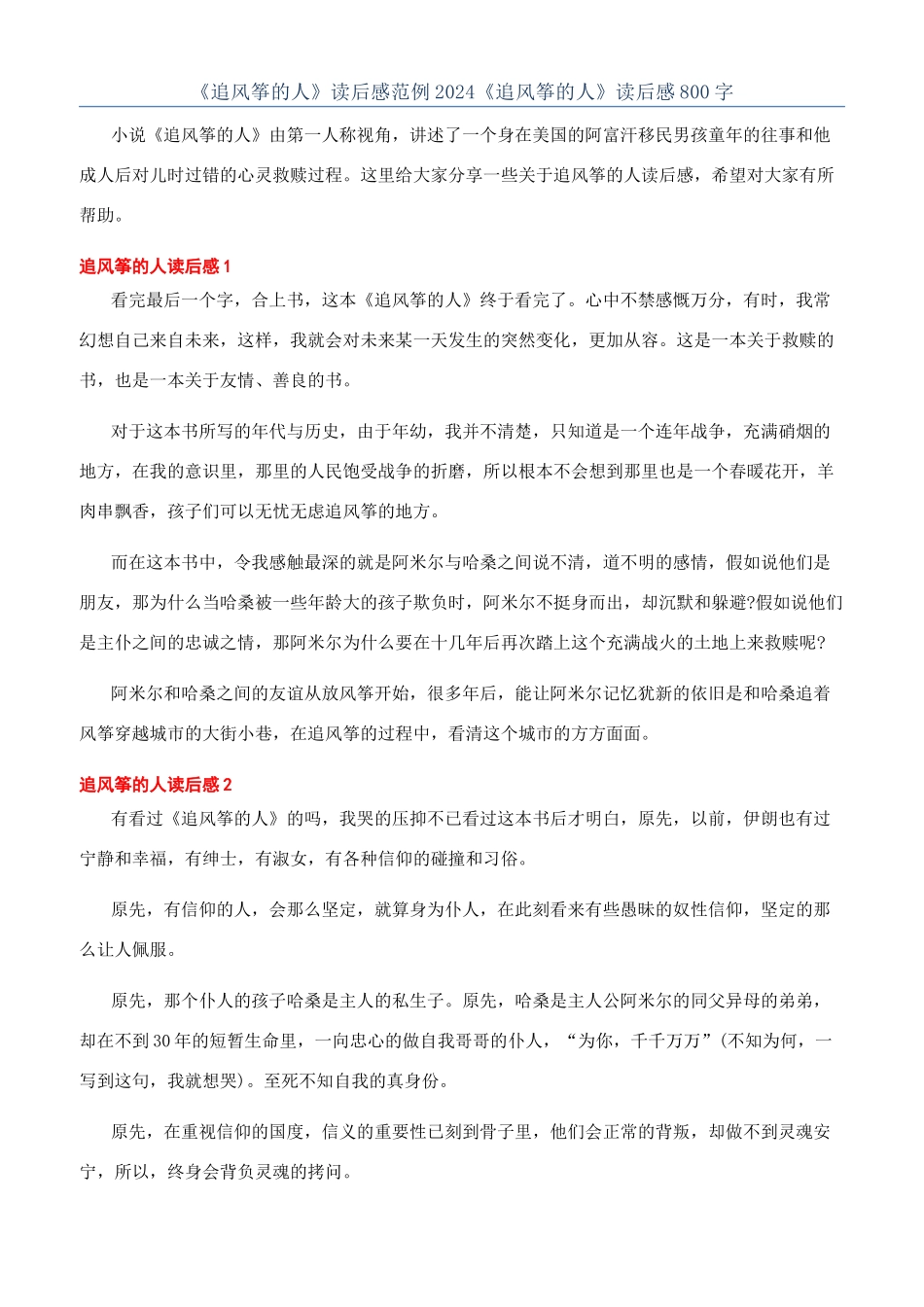 《追风筝的人》读后感范例2024《追风筝的人》读后感800字_第1页