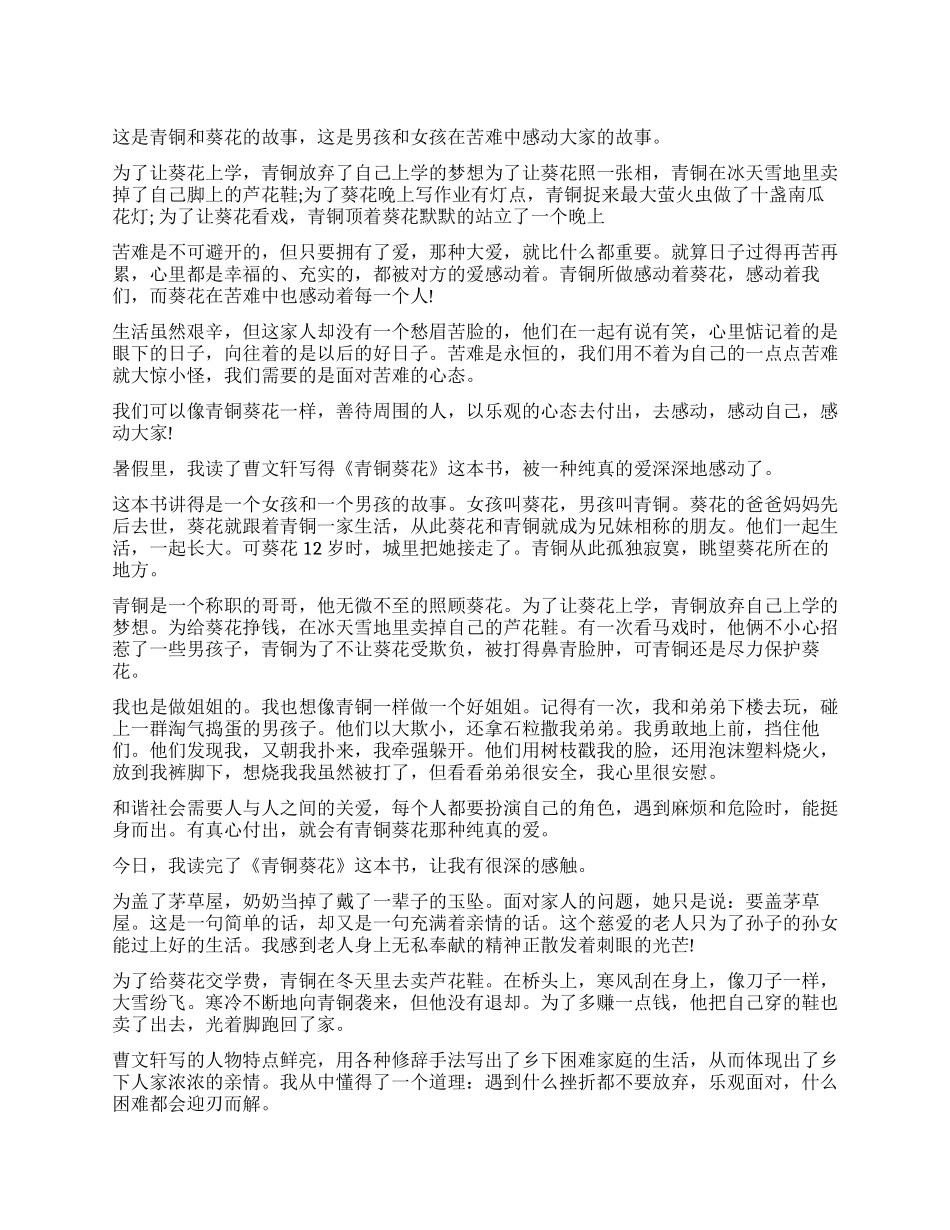 《青铜葵花》读后感300字五篇_第1页