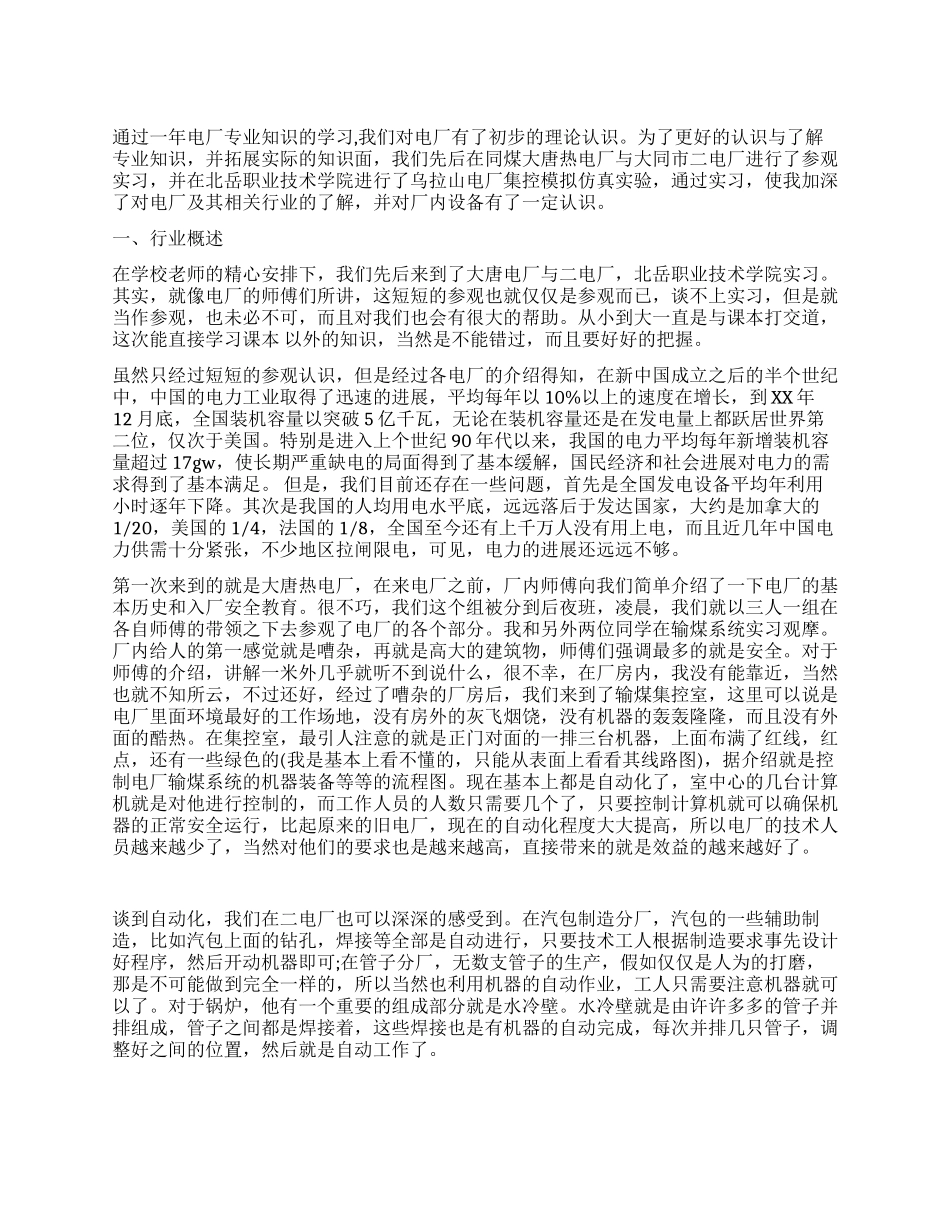 一年电厂实习期年终总结_第1页