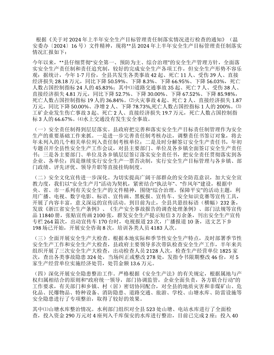 上半年安全生产目标管理责任制落实情况及下半年工作打算_第1页