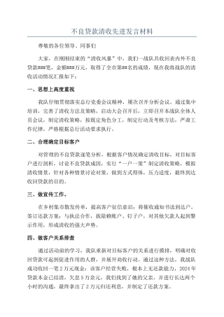 不良贷款清收先进发言材料