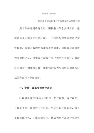 不负青春砥砺前行——葫芦岛中央大街支行行长杜斌个人事迹材料
