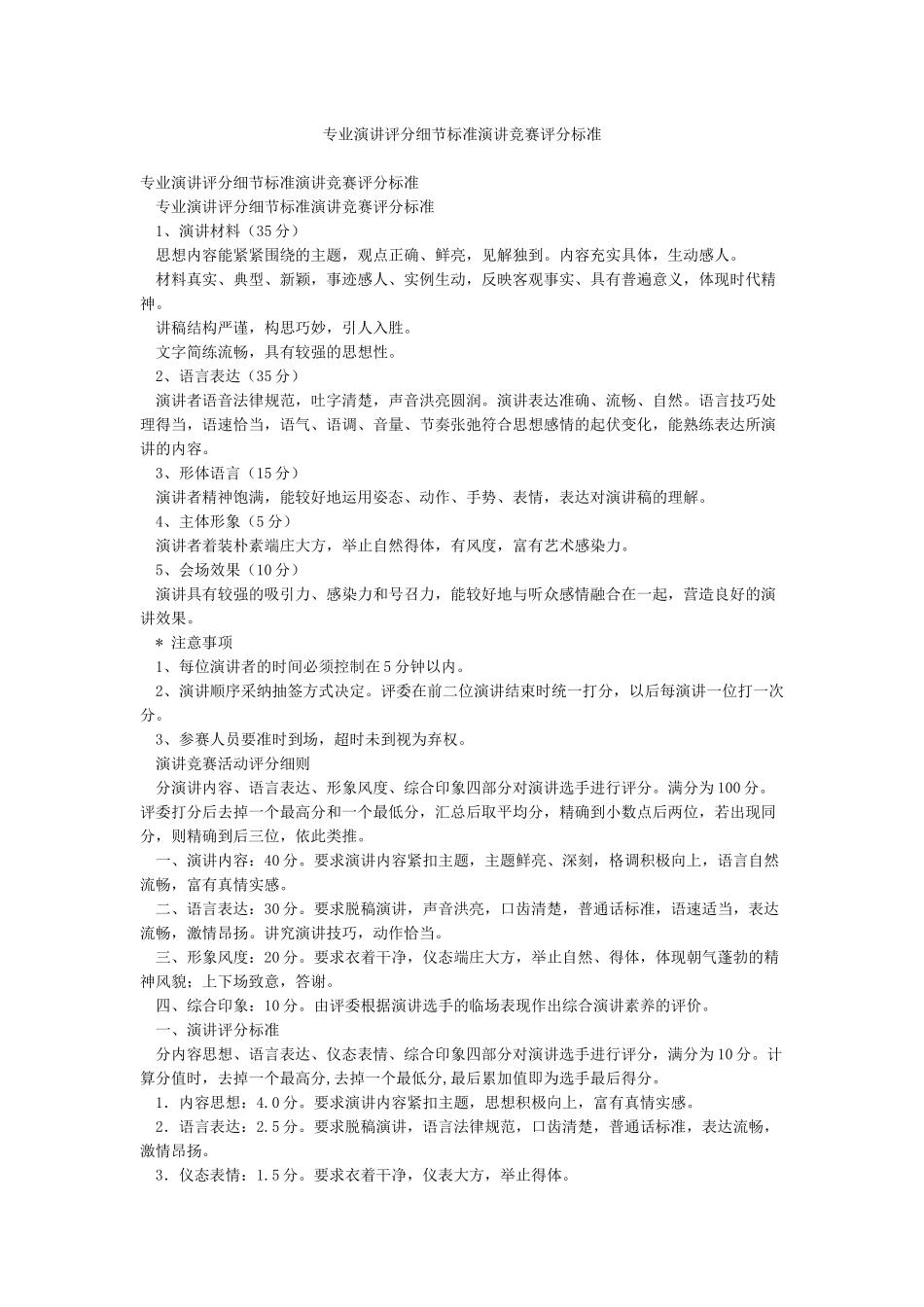 专业演讲评分细节标准演讲比赛评分标准_第1页