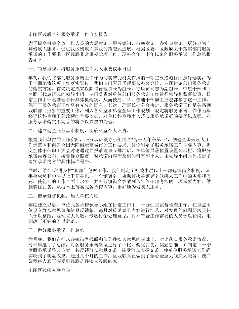 东丽区残联半年服务承诺工作自查报告_第1页