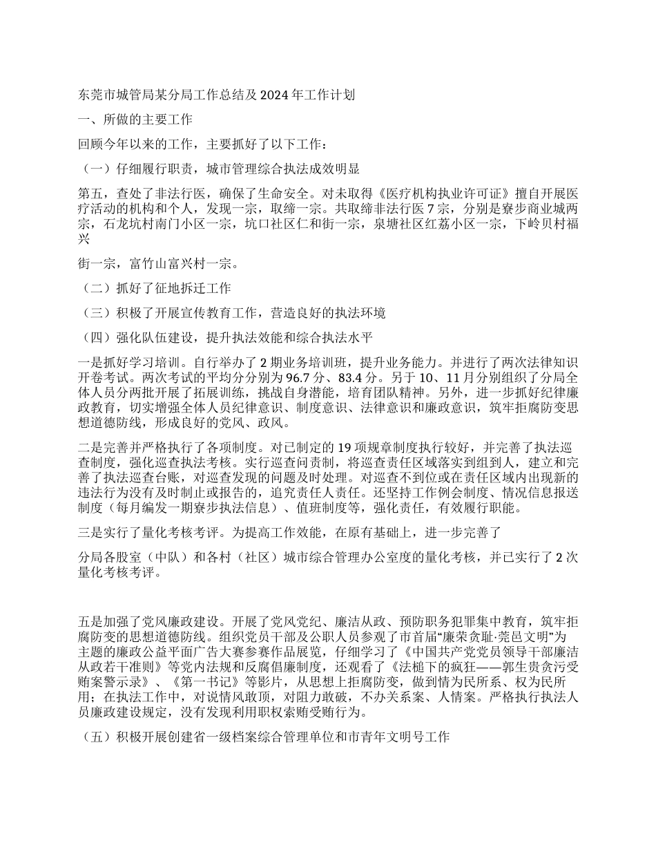 东莞市城管局某分局工作总结及2024年工作计划_第1页
