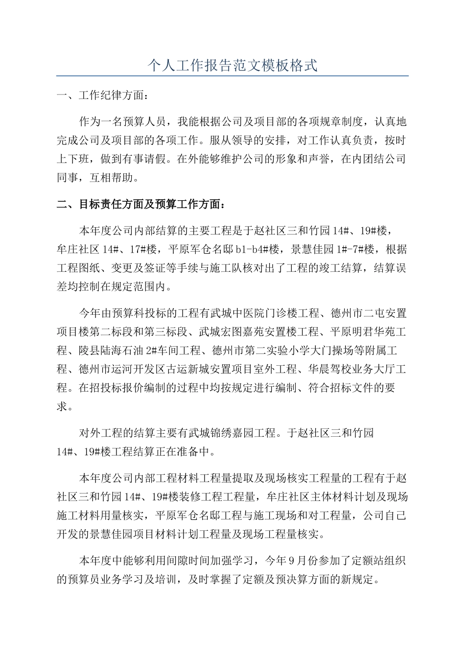 个人工作报告范文模板格式_第1页