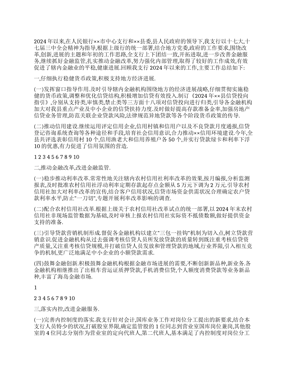 中国人民银行县支行2024年度工作总结_第1页