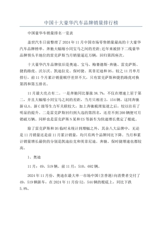 中国十大豪华汽车品牌销量排行榜