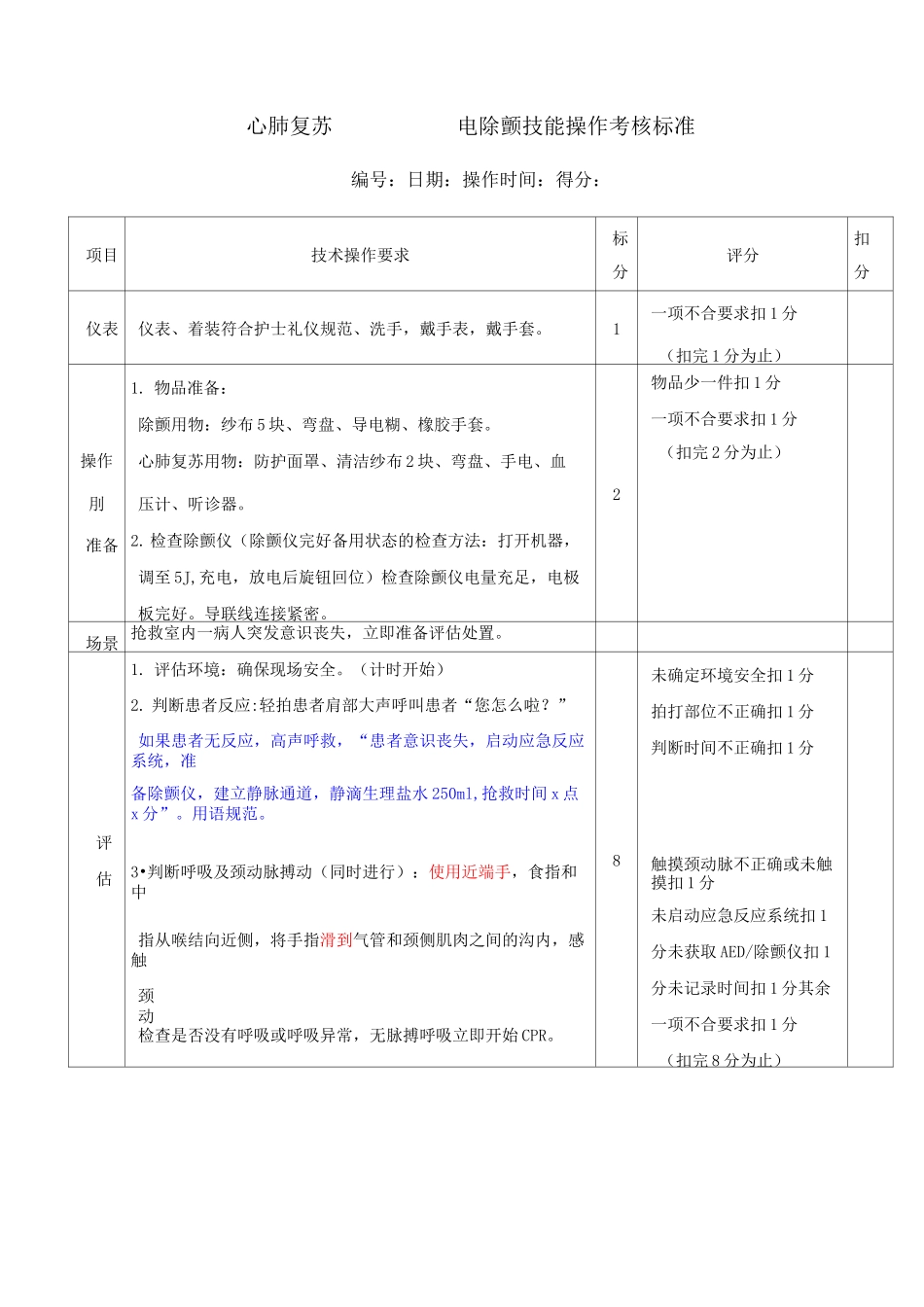 心肺复苏 电除颤技能操作考核标准_第1页