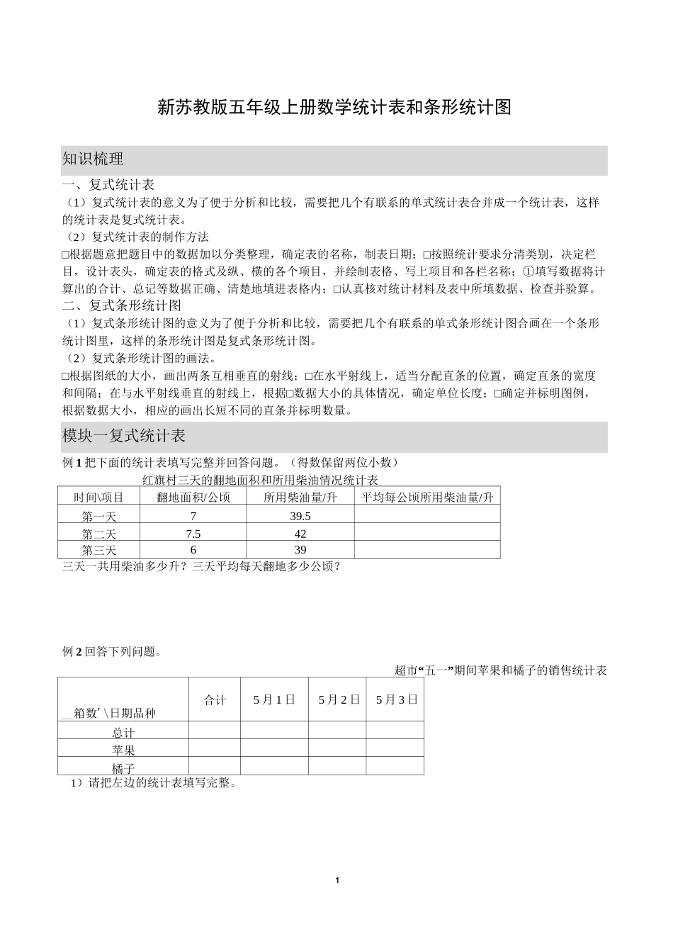 新苏教版五年级上册数学统计表和条形统计图_第1页