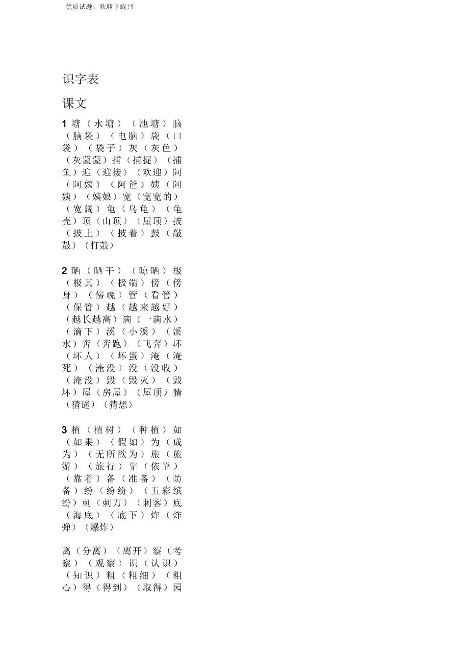 部编本新人教版二年级上册语文生字表组词(全新)_第1页