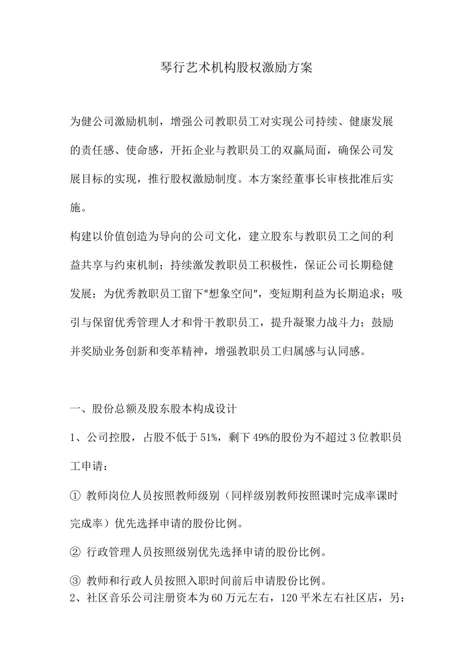 琴行艺术机构全套股权激励架构协议_第1页