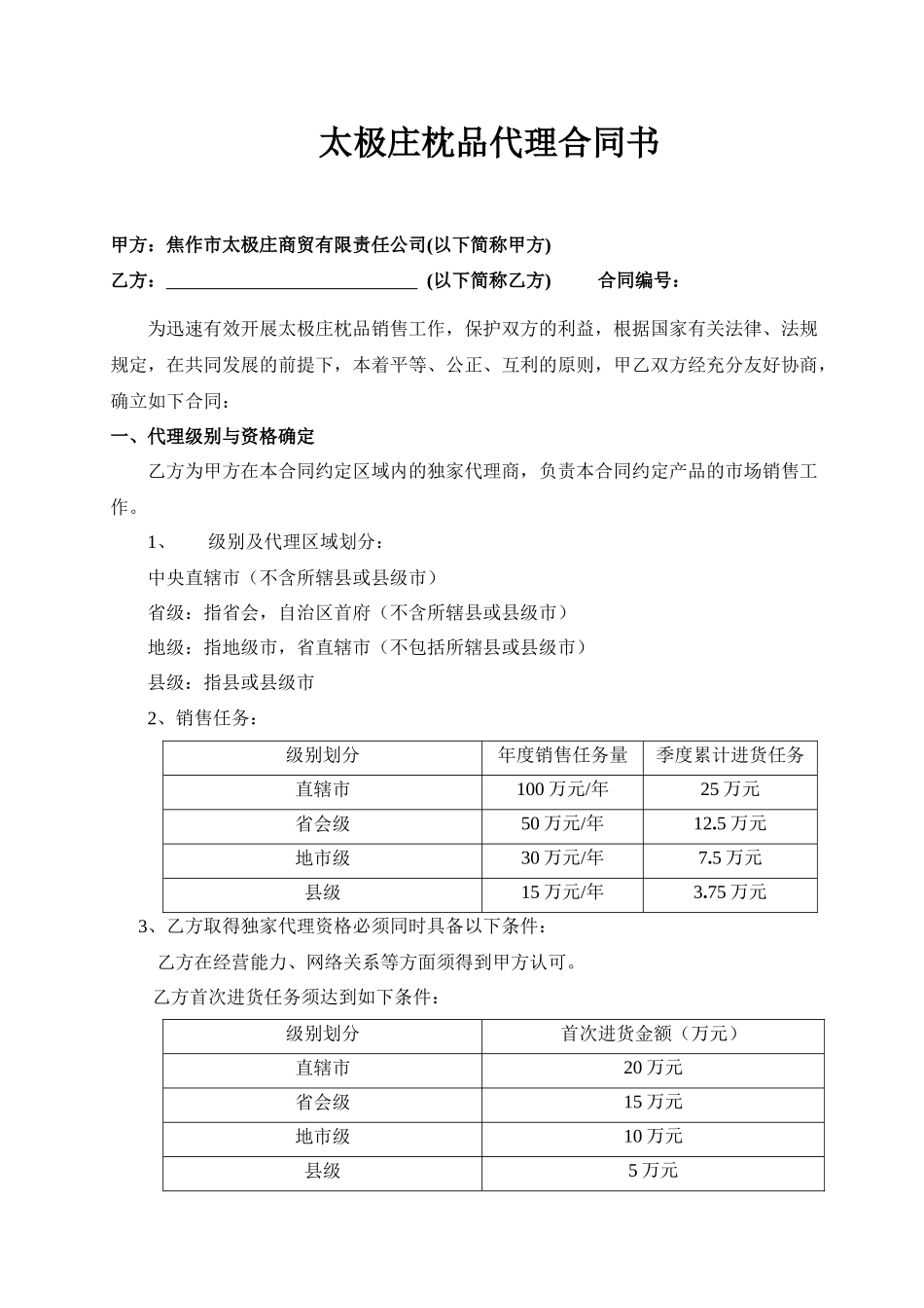 太极庄枕品代理合同书_第1页