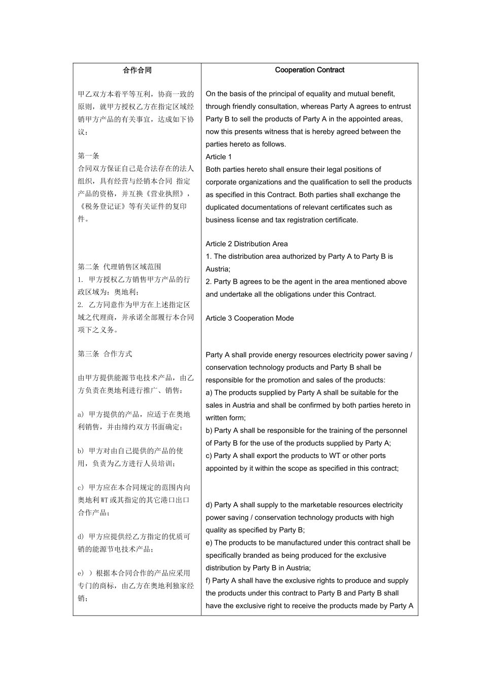 合作合同中英文对照版_第1页