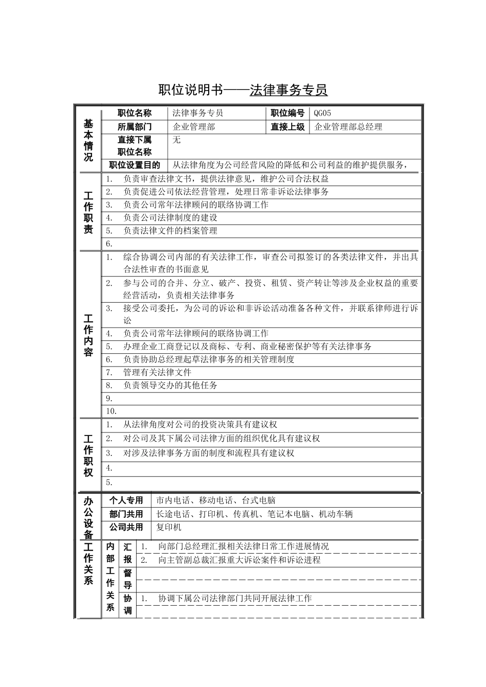 岗位说明书——法律事务专员_第1页