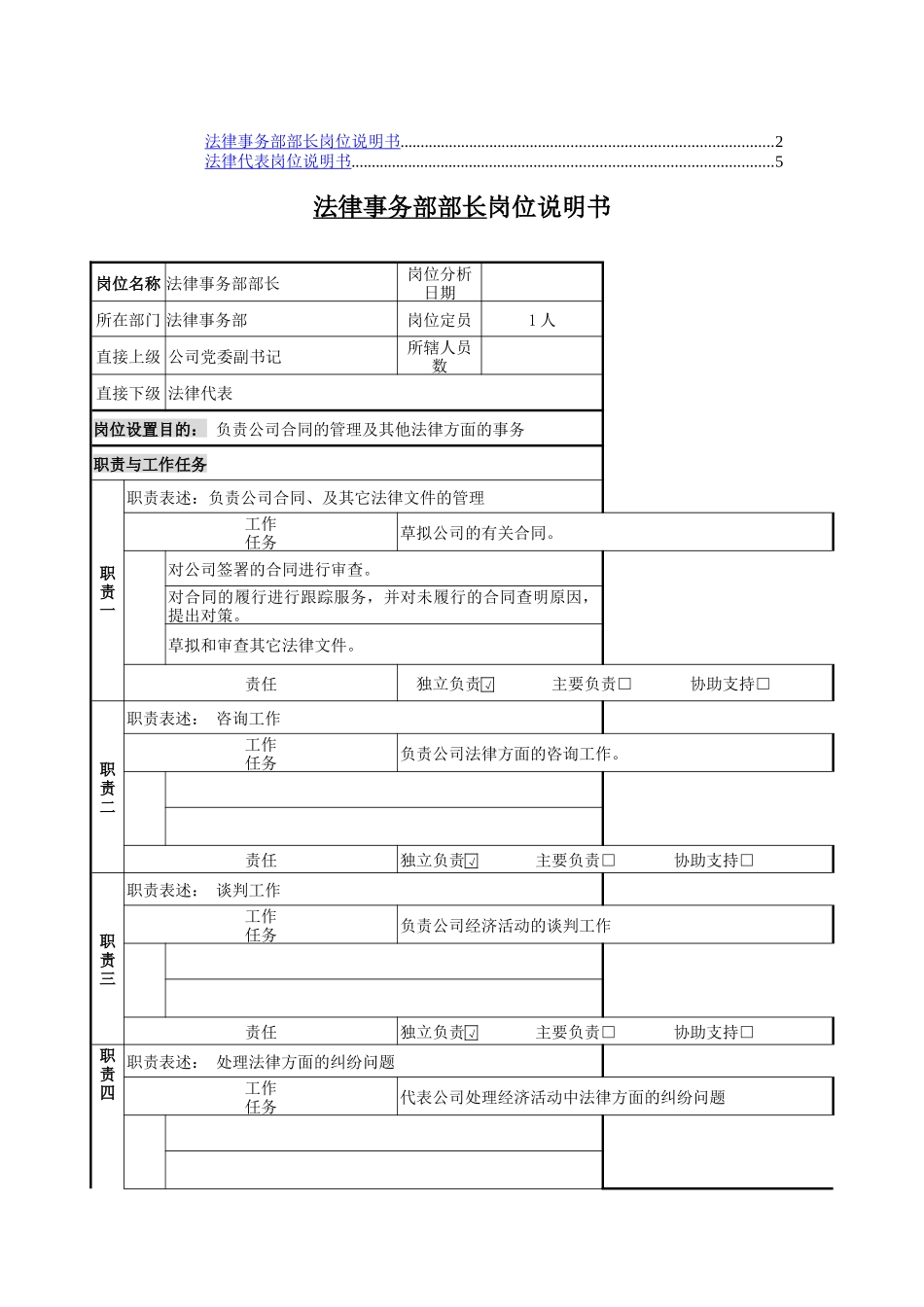 法律事务部部长与法律代表的岗位说明书_第1页