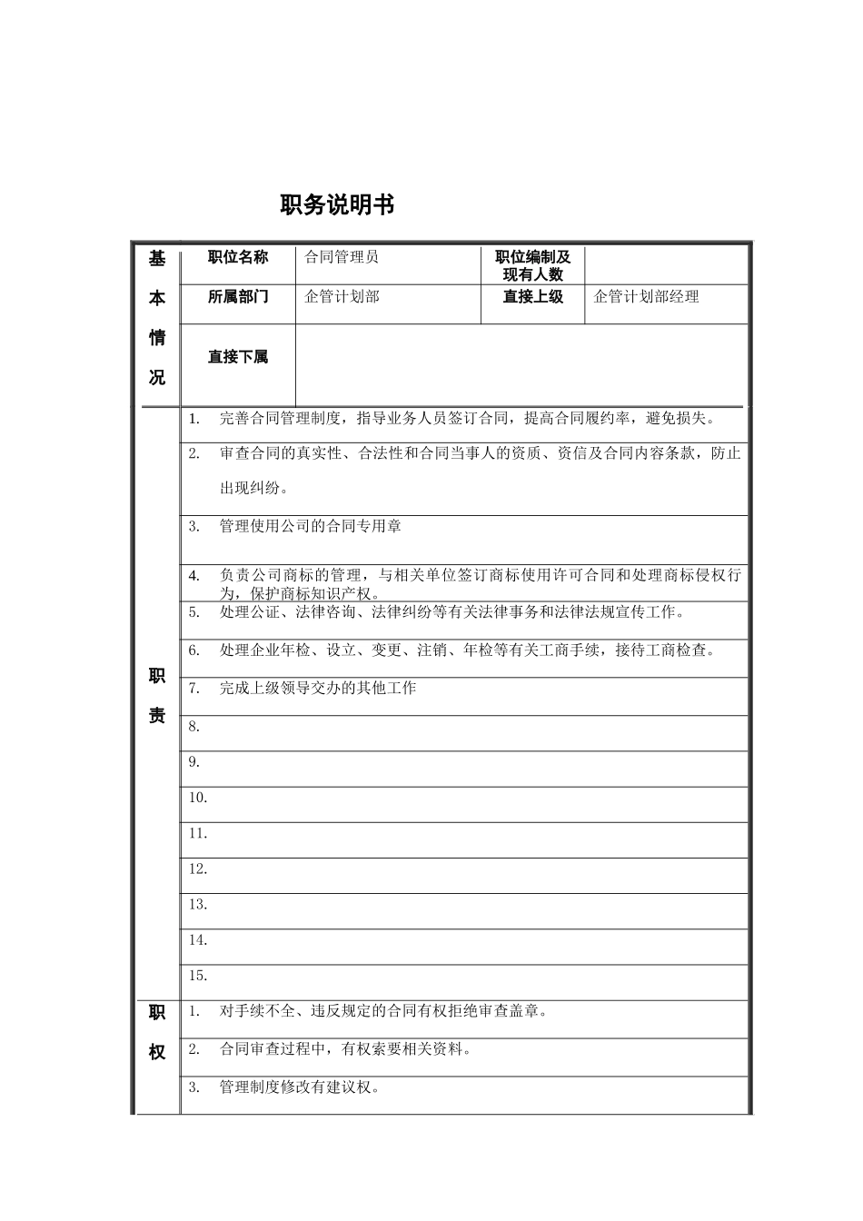 江动股份-企管计划部合同管理员职位说明书_第1页
