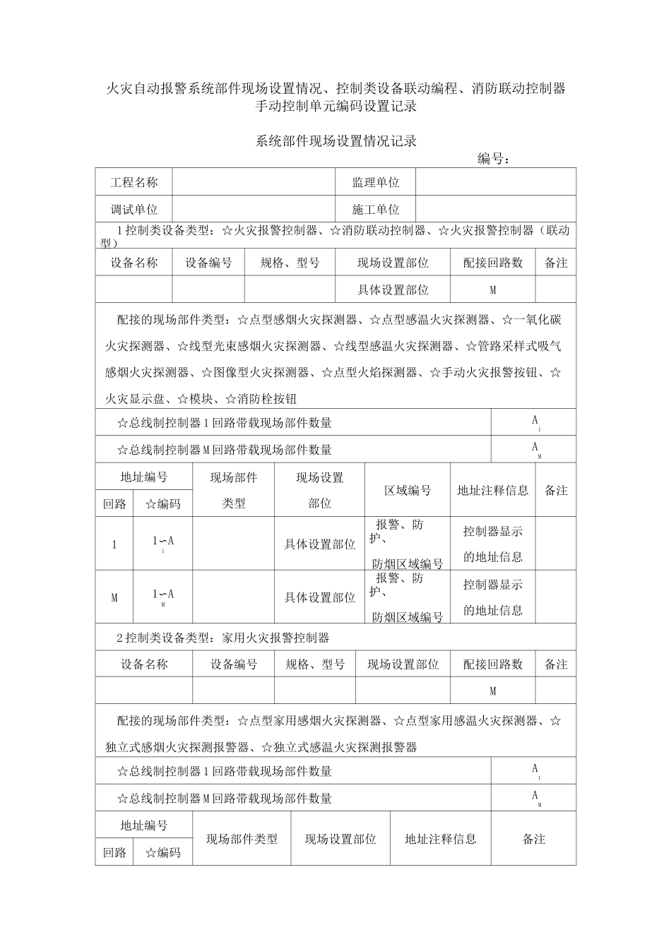 火灾自动报警系统部件现场设置情况、控制类设备联动编程、消防联动控制器手动控制单元编码设置记录_第1页