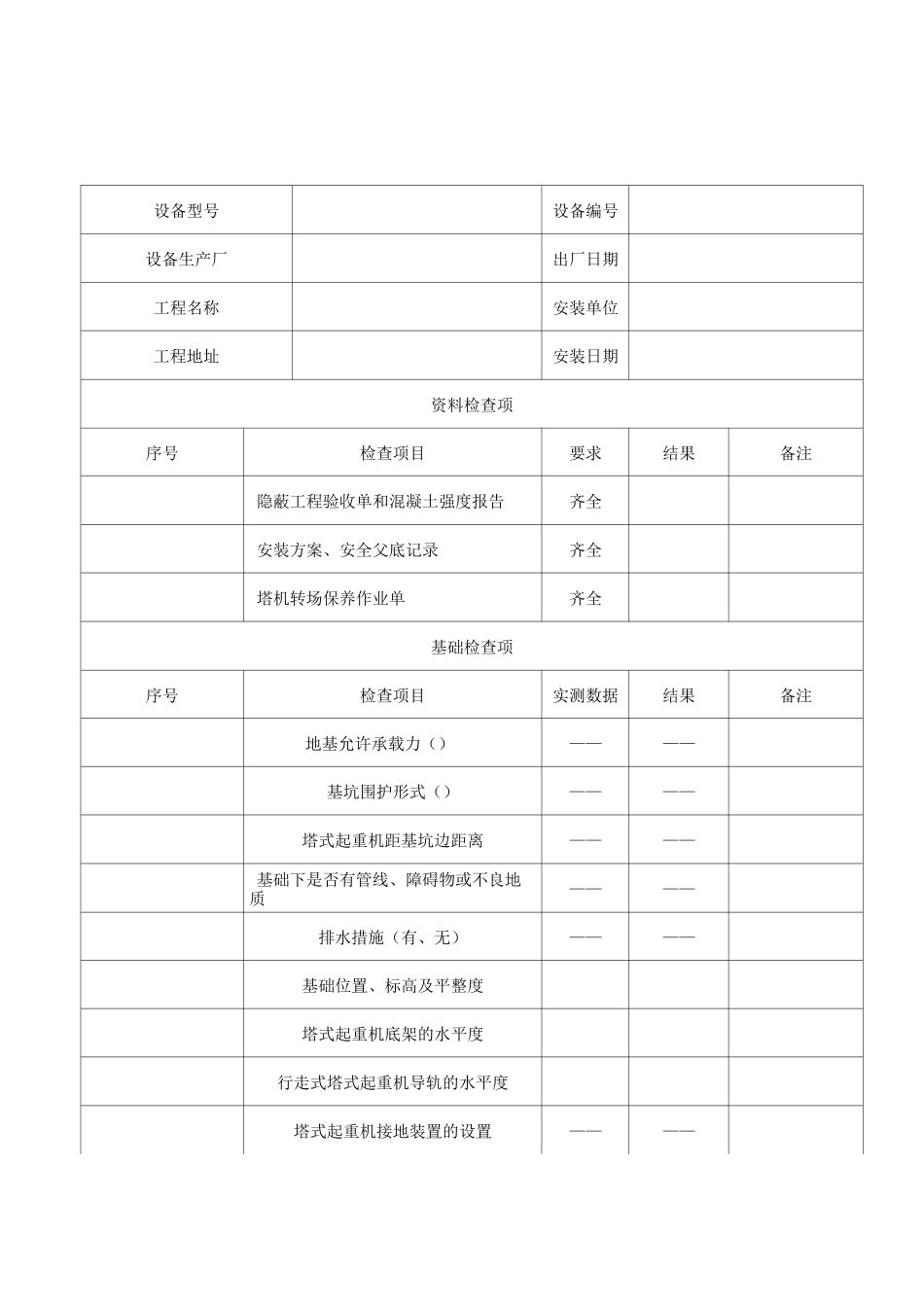 表A塔式起重机安装自检表_第1页