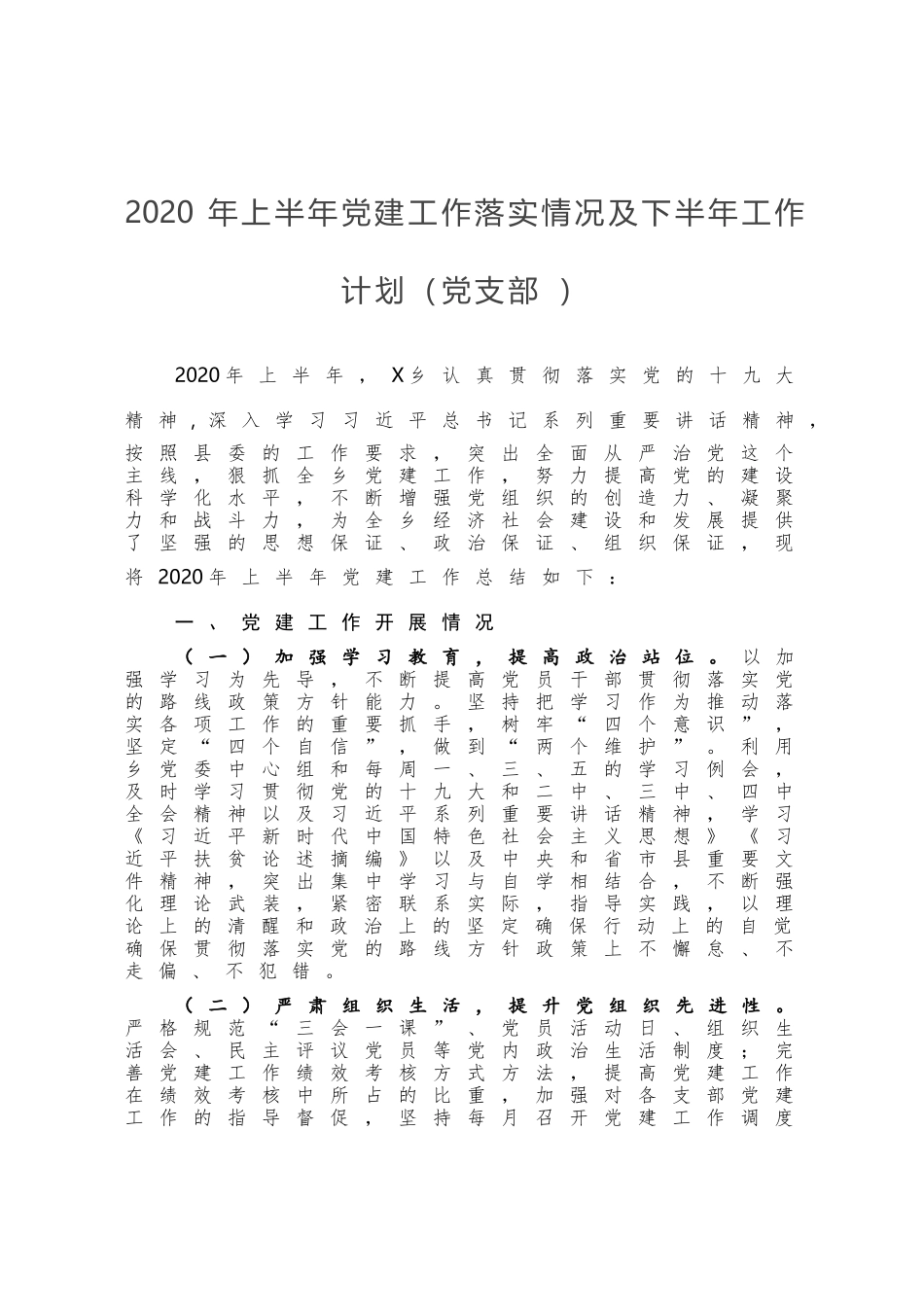 2020年上半年党建工作落实情况及下半年工作计划党支部 (0001)_第1页