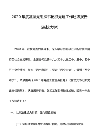 2020年度基层党组织书记抓党建工作述职报告（高校大学）