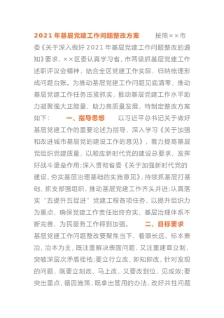 2021年基层党建工作问题整改方案