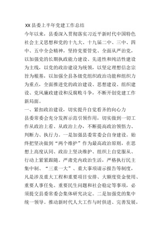 XX县委上半年党建工作总结