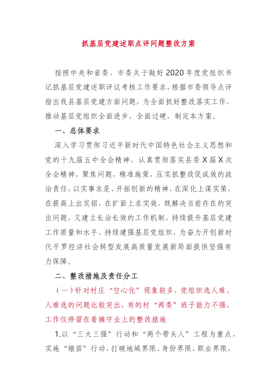 2021年抓基层党建述职评议问题整改方案2篇_第1页