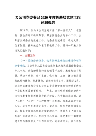 X公司党委书记2020年度抓基层党建工作述职报告