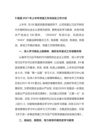 X集团2021年上半年党建工作总结及工作计划