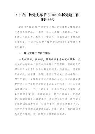 X市农广校党支部书记2020年抓党建工作述职报告