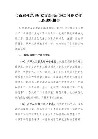 X市农机监理所党支部书记2020年抓党建工作述职报告