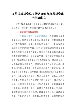 X县民政局党总支书记2020年抓基层党建工作述职报告