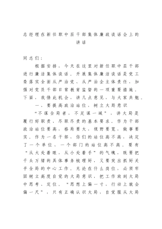 企业：总经理在新任职中层干部集体廉政谈话会上的讲话