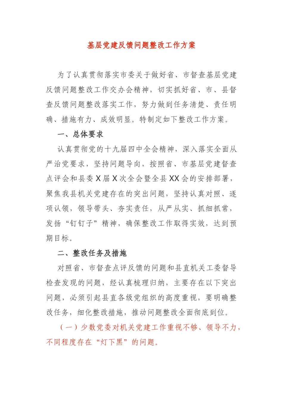 基层党建反馈问题整改工作方案_第1页
