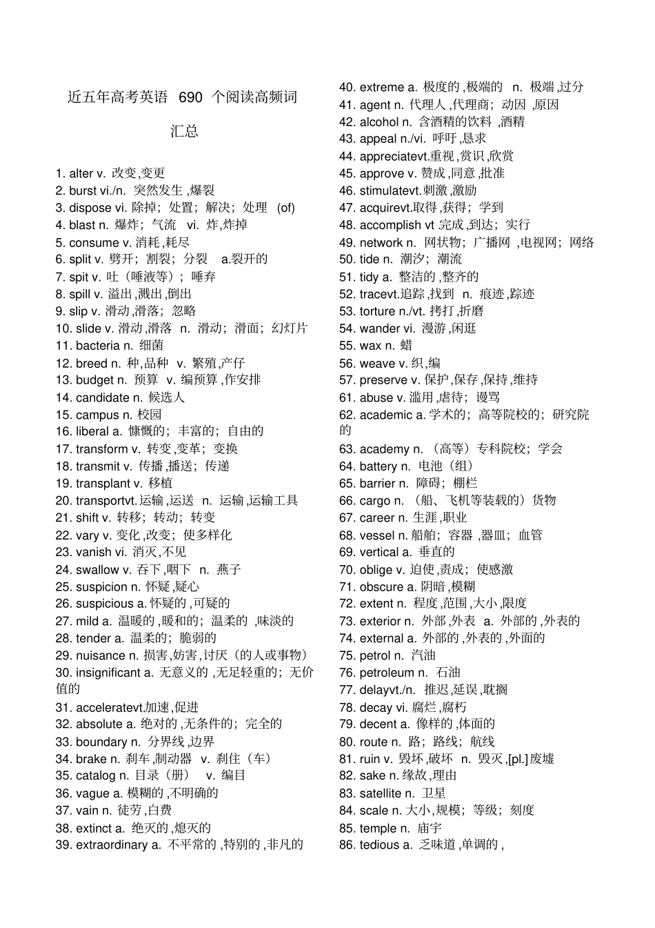 近五年高考英语690个阅读高频词汇总_第1页