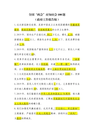 全国两会应知应会知识100题政府工作报告版