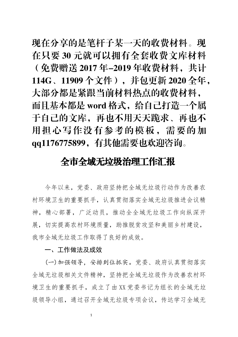 全市全域无垃圾治理工作汇报 _第1页