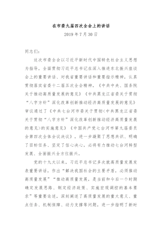 全委会8：在市委九届四次全会上的讲话
