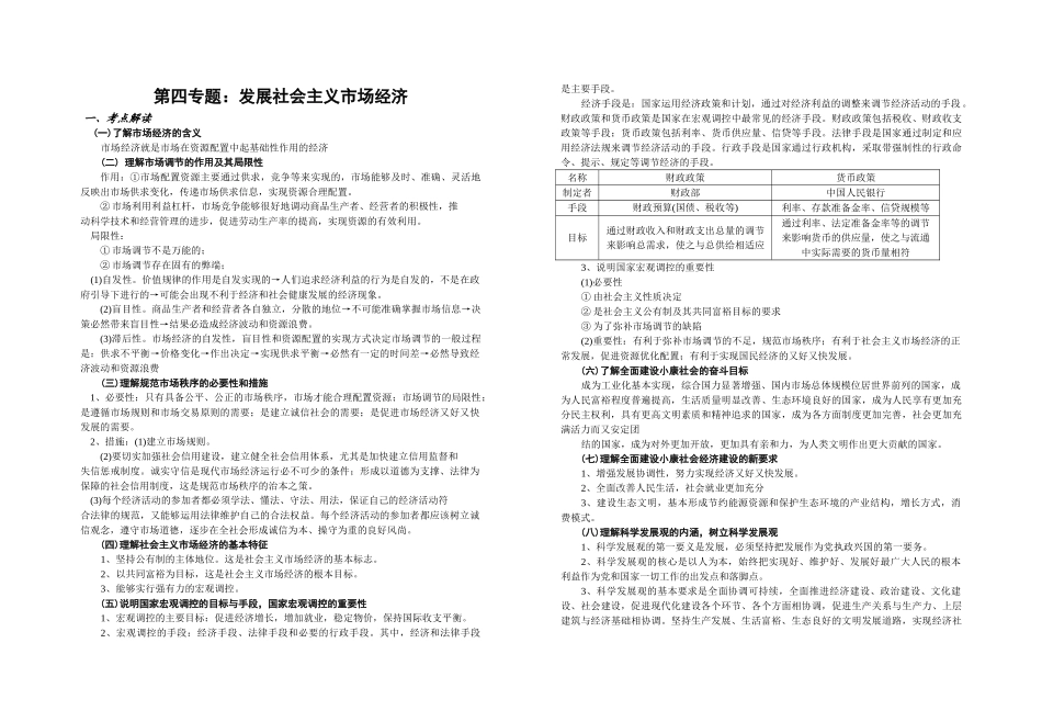第四专题：发展社会主义市场经济知识点汇总_第1页