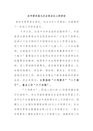 全委会17：在市委四届九次全体会议上的讲话